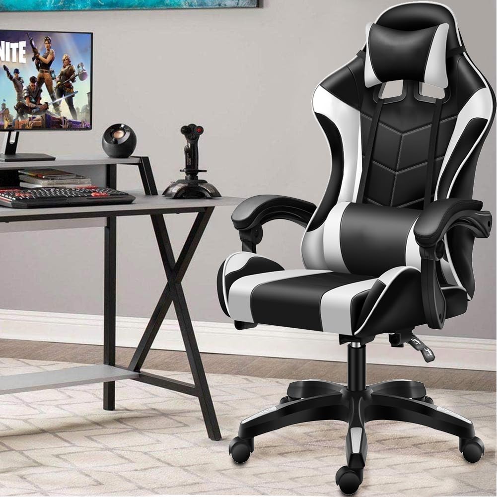 BAKAJI Sedia Poltrona Gaming Scrivana Ufficio Casa in Ecopelle Schienale Reclinabile Cuscino Lombare Poggiatesta Rotazione 360 Gradi Direzionale Altezza Regolabile Base 5 Ruote (Nero e Bianco)