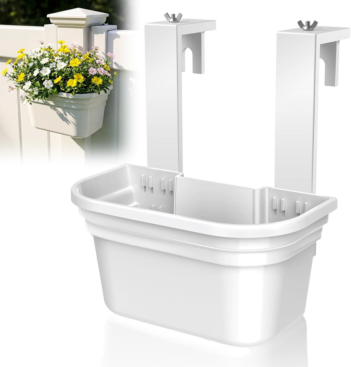 4 Pack Fence Post Planter for 5x5 PVC Fence Posts, 15.75 Inch Fence Hanging Planters for Outdoor Plants, Easy Install, White Flower Pots for Deck Railing Garden Yard Decor​