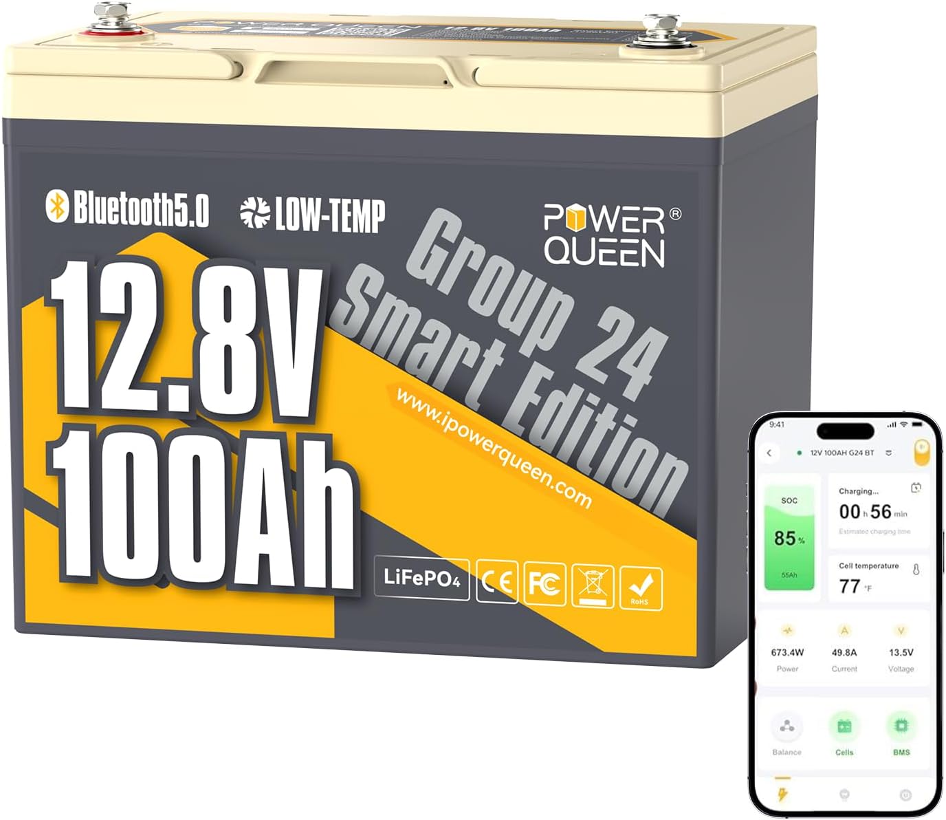 Power Queen LiFePO4 Battery 12V 100Ah, Bluetooth 12Volt RV Lithium Battery with Low-Temp Protection, Group 24 Deep Cycle Battery, Up to 15000 Cycles for Motorhome, Trailer, Camper Van, Marine, Solar