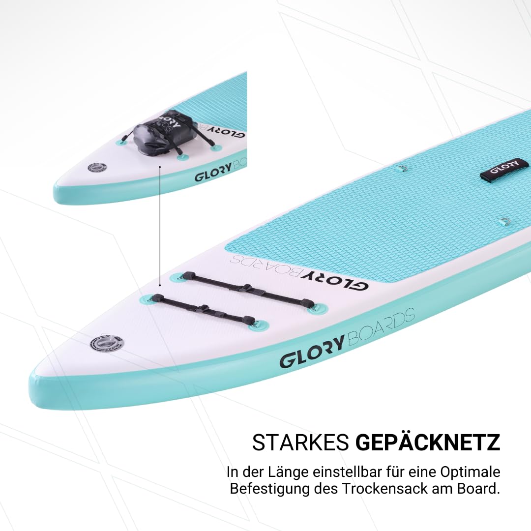 GLORY BOARDS ® Stand up Paddling Board aufblasbar – bis 180kg Tragkraft – komplettes SUP Set inkl. Carbonpaddel, Pumpe, Rucksack – Kajak Option – leichtes Stand up Paddle Board