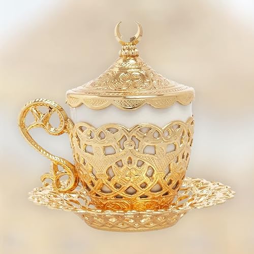 Miniatura 8 de Alisveristime Taza de café turco, diseño tradicional con motivo de media luna, taza de porcelana y platillo para café turco, griego, árabe y expreso