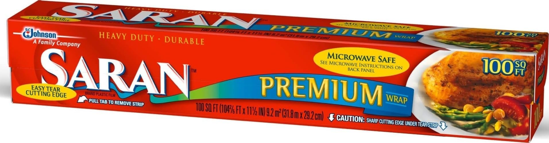 Saran Premium Plastic Wrap, Food Storage, Easy Dispense, 100 Sq Ft Roll