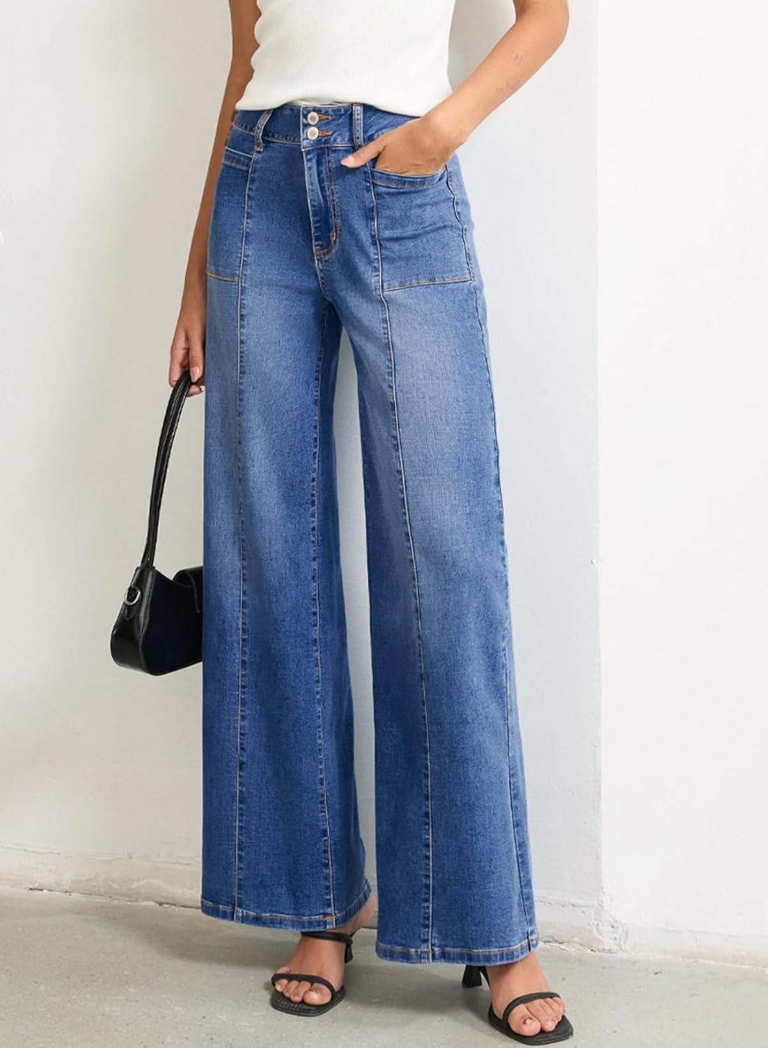 Sidefeel Womens Wide Leg Baggy Jeans High Waisted Tummy Control Stretchy Loose Fit Ankle Denim Jeans - Image 3