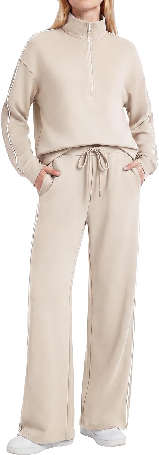 Women's 2 Piece Outfits Half Zip Wide Leg Casual Tracksuit | Mock Neck Lounge Sets, Pocket Pant Sets, Fall Sweatsuits, 2026 Matching Sets