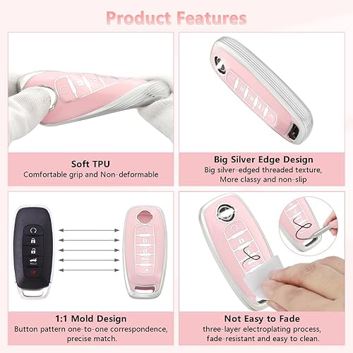 Miniatura 4 de PIFOOG Funda para llavero Nissan Pathfinder 2023 Rogue Accessories 5 botones para llaves de coche con bonito llavero femenino anillo brillante rosa