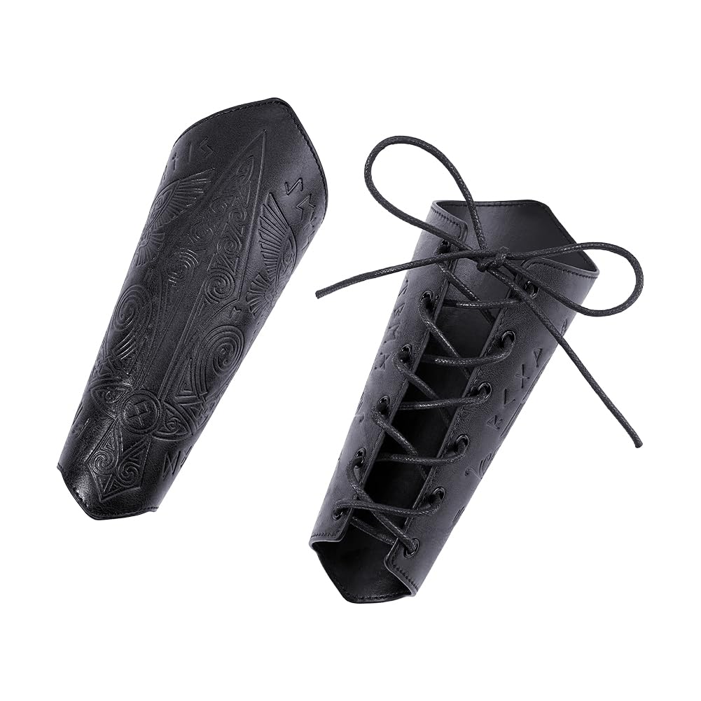 SUPERFINDINGS 2Pcs Medieval Leather Bracers Sward Pattern Embossed Viking Leather Bracers Black Arm Guards Cosplay Costume Wristband for Historical Reenactments Halloween Cosplay Costume