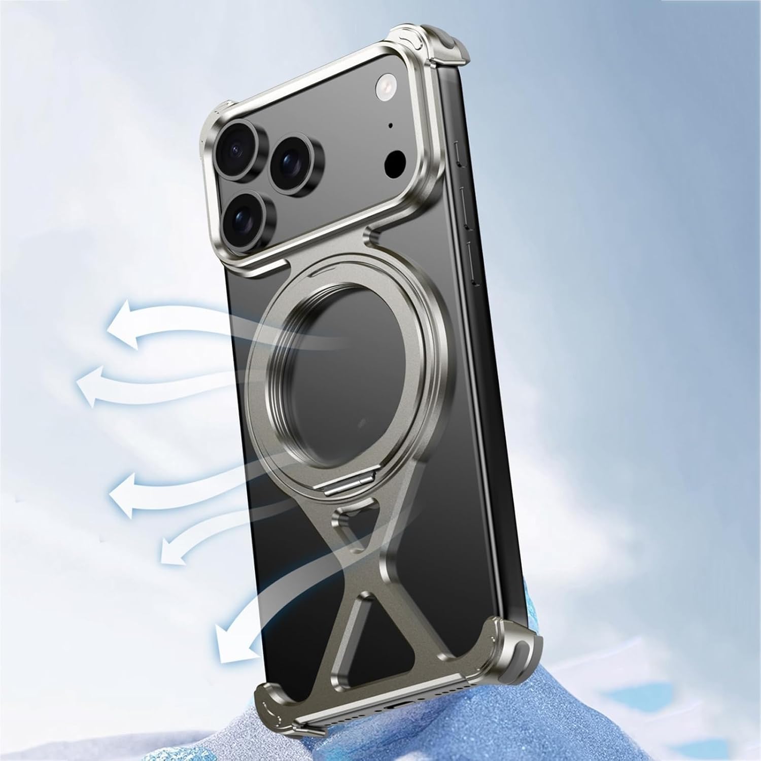 Case for iPhone 17 Pro, Metal X Frameless Cooling Design with 360 Rotating Ring Stand, Corner Cushion, Minimalist Lightweight Grip Signal Friendly, Natural Titanium