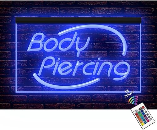 100018 Piercing para el cuerpo, centro de taller, decoración del hogar, letrero de neón con luz LED (12 x 8 pulgadas, 16 colores por control remoto)