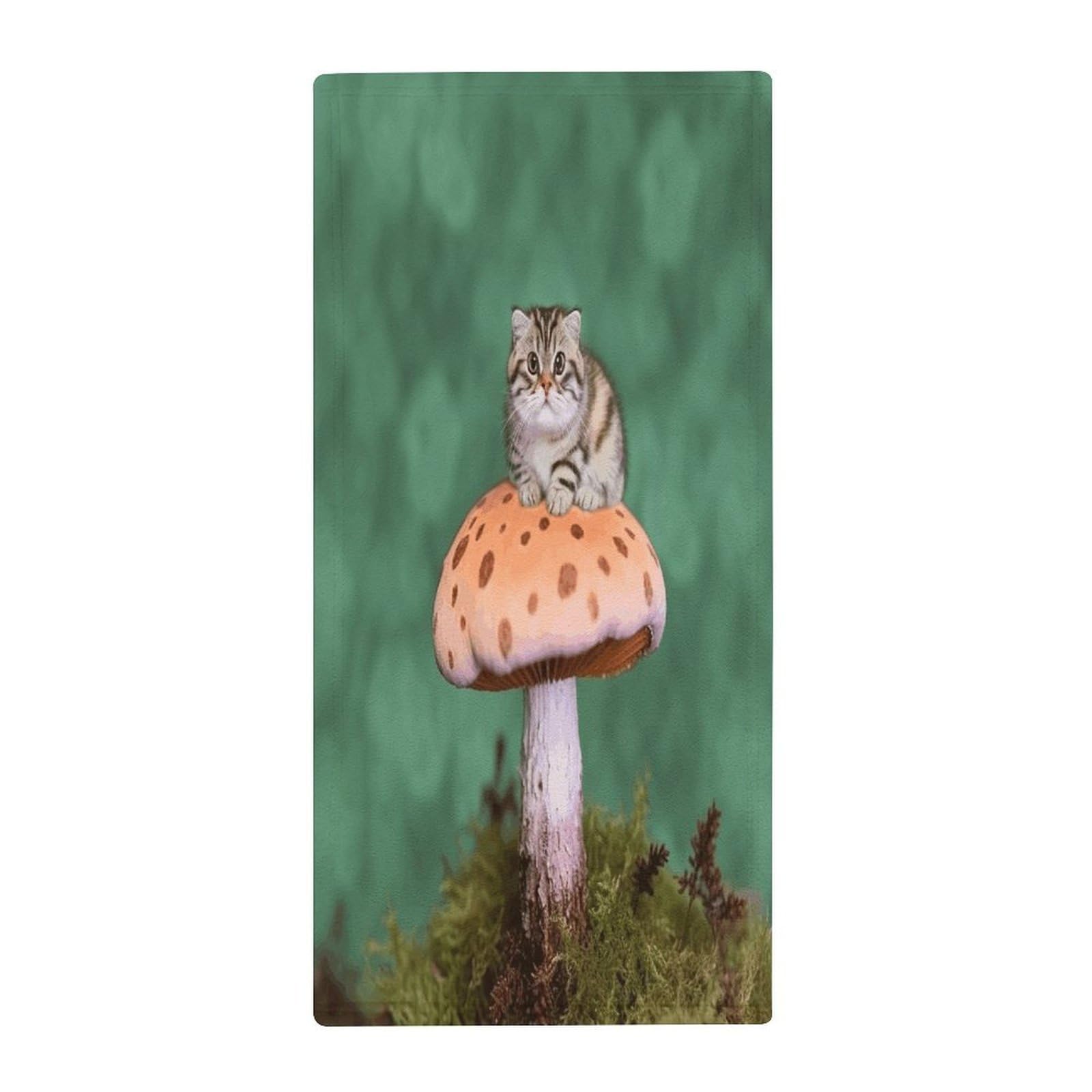 FekiLoot Cat on Mushroom Hand Towels Coral Velvet Highly Absorbent Towel,Classic Luxury Printed Hand Towels Soft Hands Face Towel for Bathroom Kitchen Salon Workout 13.8 X 28.7 in