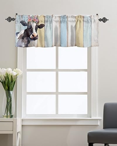 Cortina de guirnalda de flores de vaca de acuarela para cocina, cafetería, cenefa de ventana de tablones de madera colorida, cortinas cortas de 42 x
