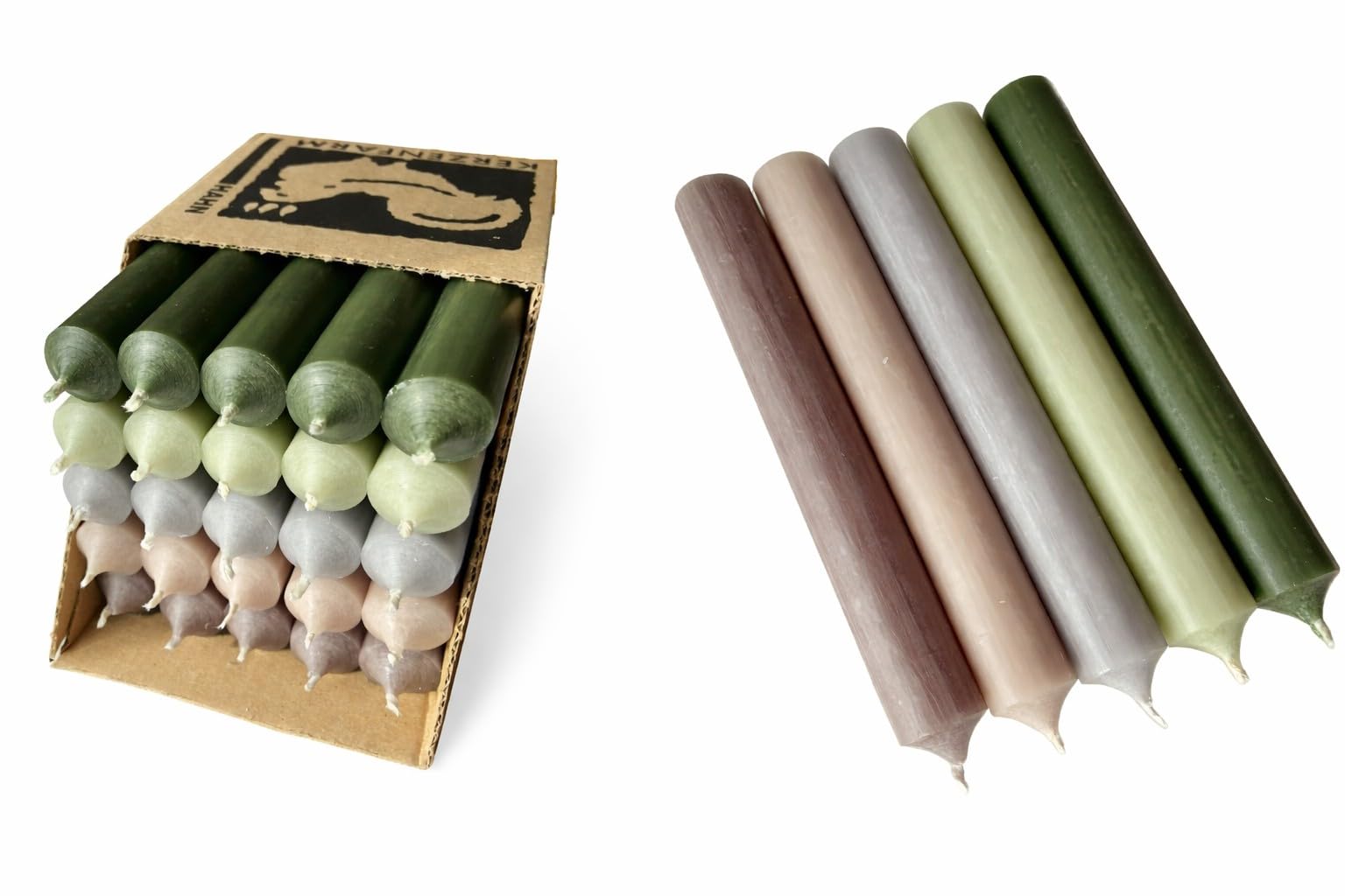 Stabkerzen Set 25 Stück – 18 cm lang – durchgefärbt & tropffrei – Ø 2,2 cm – Made in Germany – Premium Kerzenmix Taupe, Grau, Braun, Salbeigrün & Olivgrün – Brenndauer ca. 8 Std (Set 21)