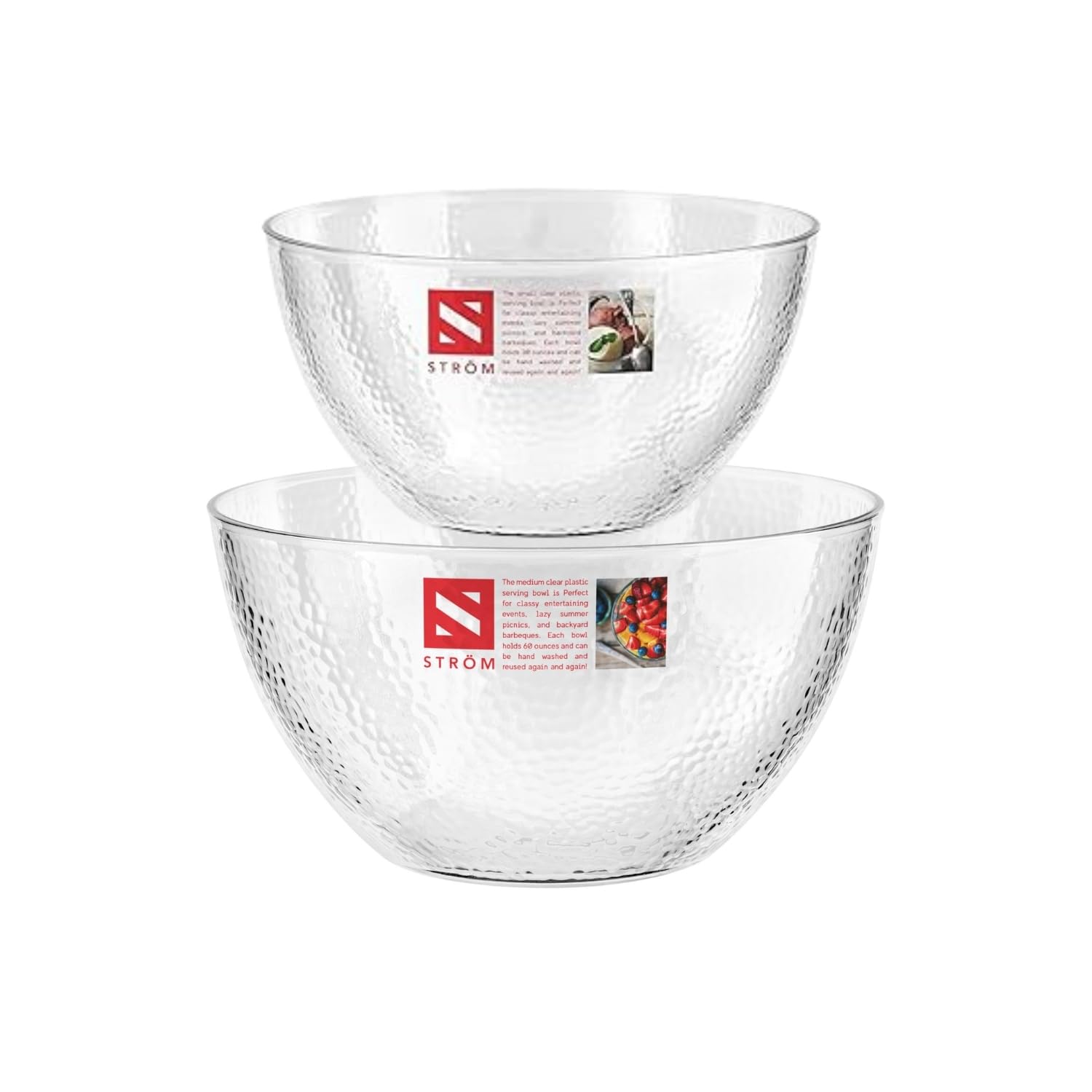 HOMESHOPA Clear Plastic Serving Mixing Bowls, 2 Pack 30oz & 60oz Reusable Lightweight Durable Popcorn Salad Bowls, Round Multiuse Kitchen Bowl Set