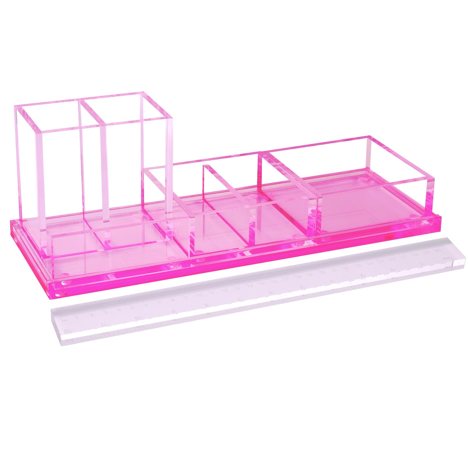EXPUTRAN Acrylic Desk Organizer 4-Piece Desk Kit + Free Complimentary Acrylic Ruler, Desktop Organization for Office or Home，Rose Red