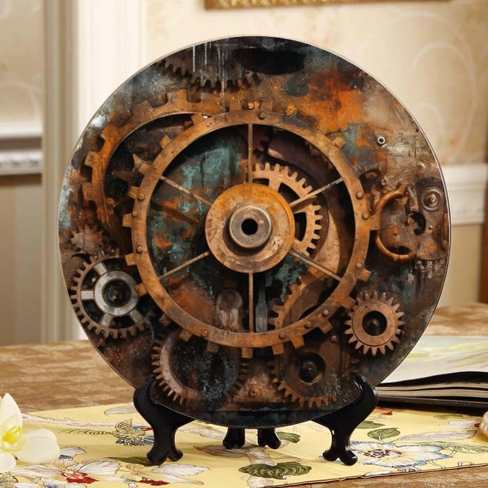10 Inch Steampunk-Style Ceramic Plate with Display Stand for Home and Table Decor Rusty Metal Texture and Industrial Gears Design Perfect for Parties and Household Display