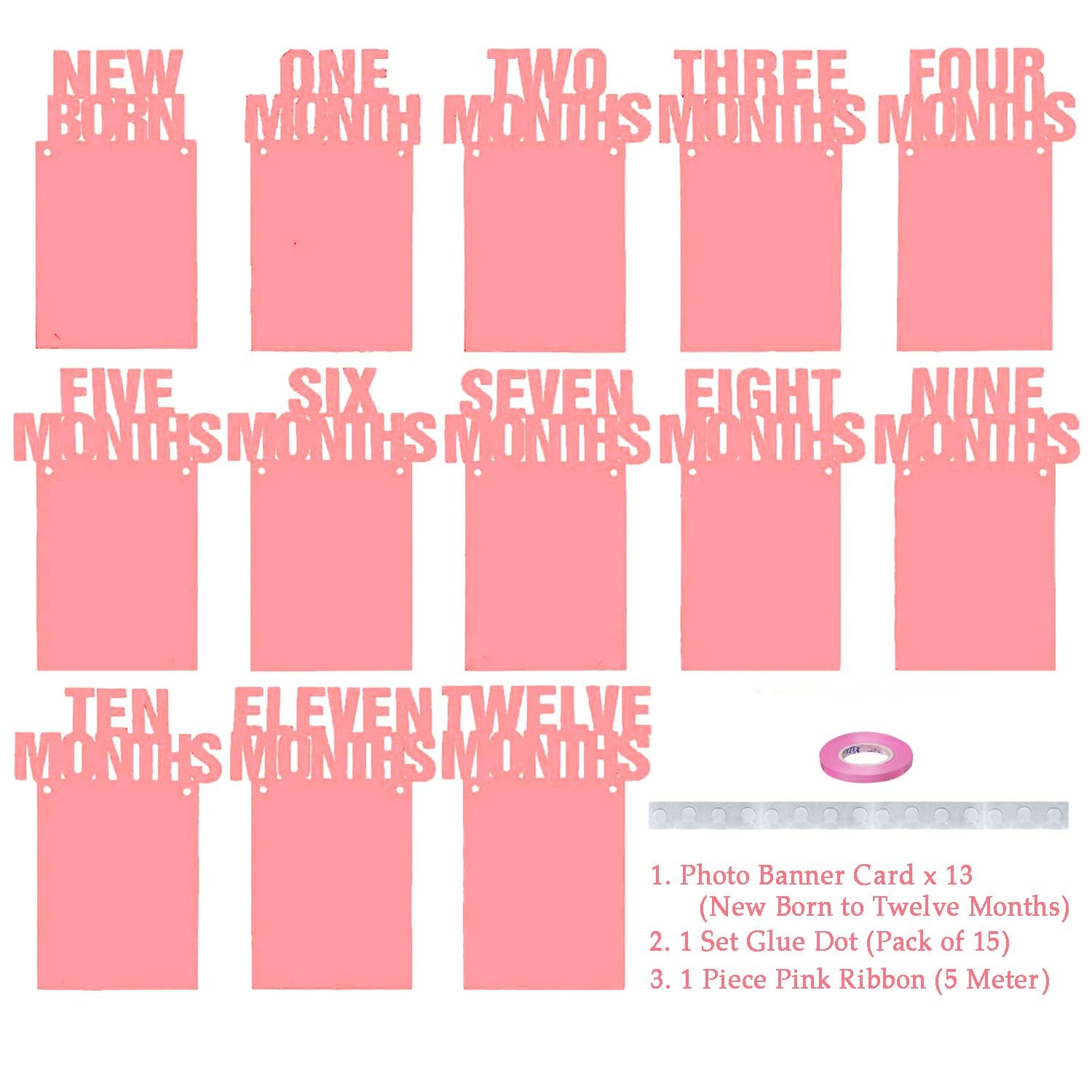 AMFIN® New Born 1st Birthday Baby Photo Banner Pink/Growth Record 1-12 Months/Monthly Milestone Photo Bunting Wreath, First Birthday Party Decoration - Pink 2