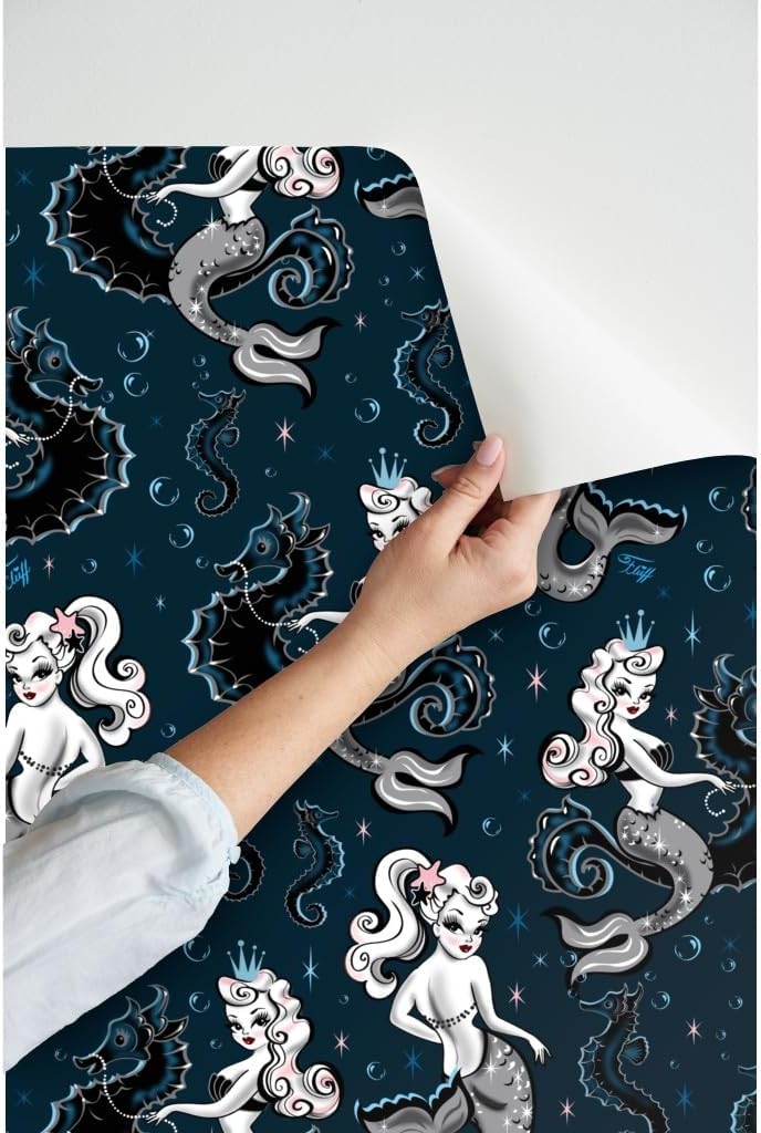 Peel & Stick Wallpaper 3ft x 2ft - Mermaid Medium Mermaids Retro Vintage Seahorse Custom Removable Wallpaper by Spoonflower
