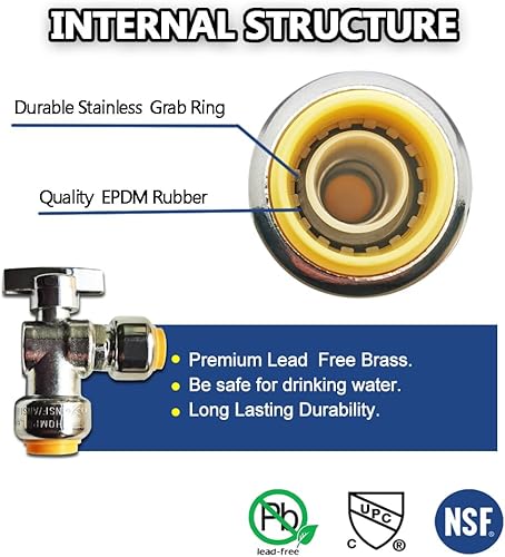 Miniatura 10 de HQMPC Válvula de parada angular, 12 pulgada Ptc x 12 pulgada sin compresión de plomo, válvula de agua de cierre de ángulo con clip de desconexión,