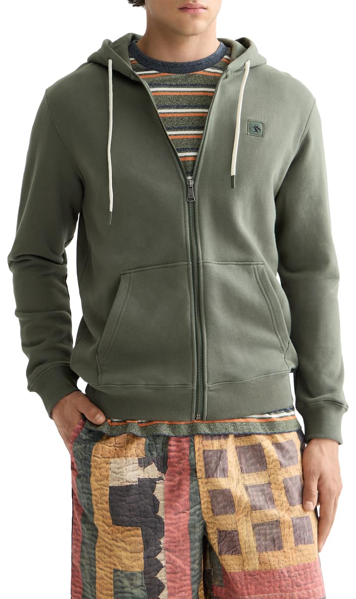 Scotch & Soda Mens Essential Badge Logo Zip Through Hooded Sweatshirt, Thyme, S UK