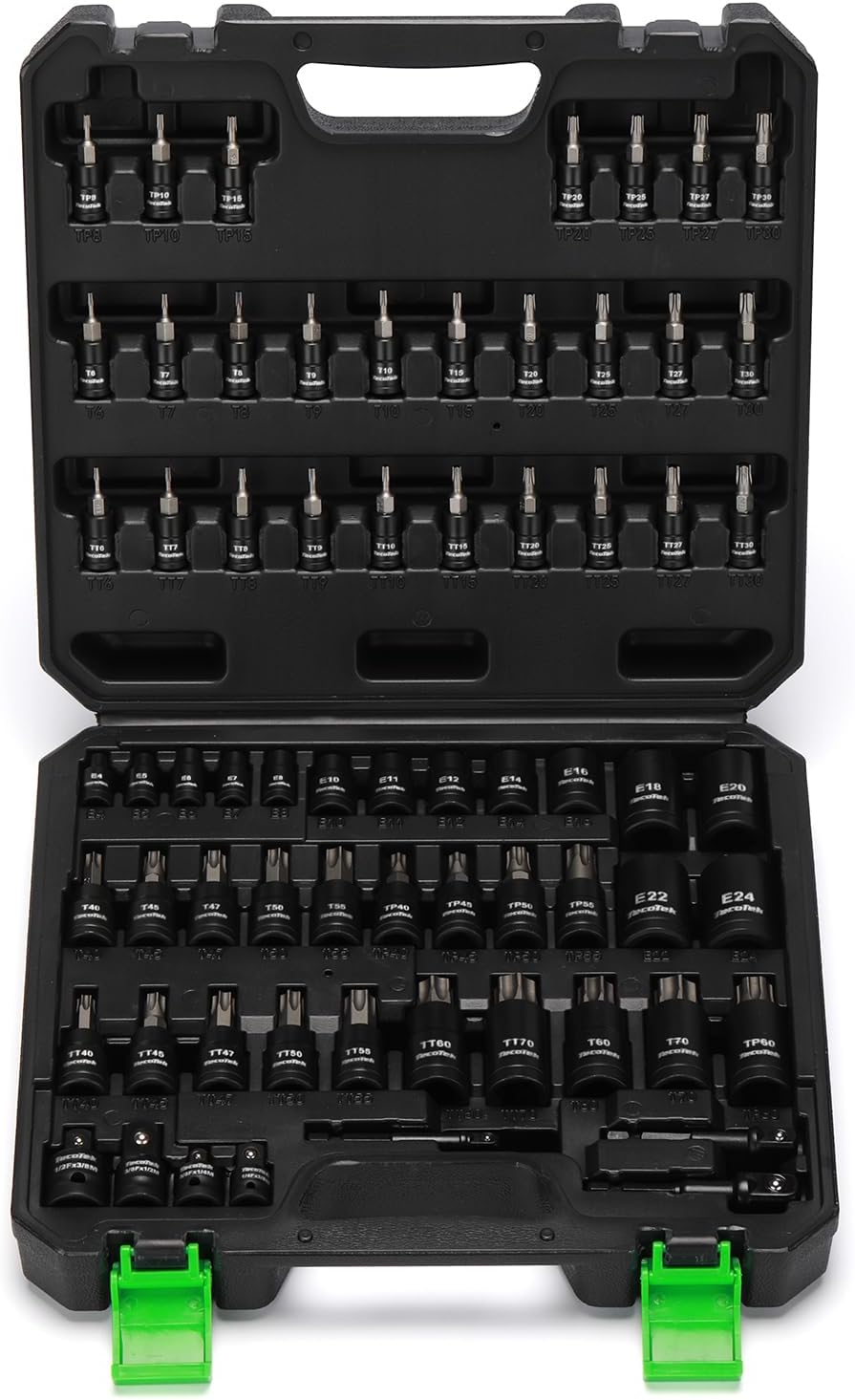 67-Piece Master Torx Bit Socket and External Torx Socket Set, 1/4", 3/8" and 1/2" Drive, S2 and Cr-V Steel, E4 - E24, T6 - T70, TT6 - TT70, TP8 - TP60, Includes 7PCS Socket Adapters