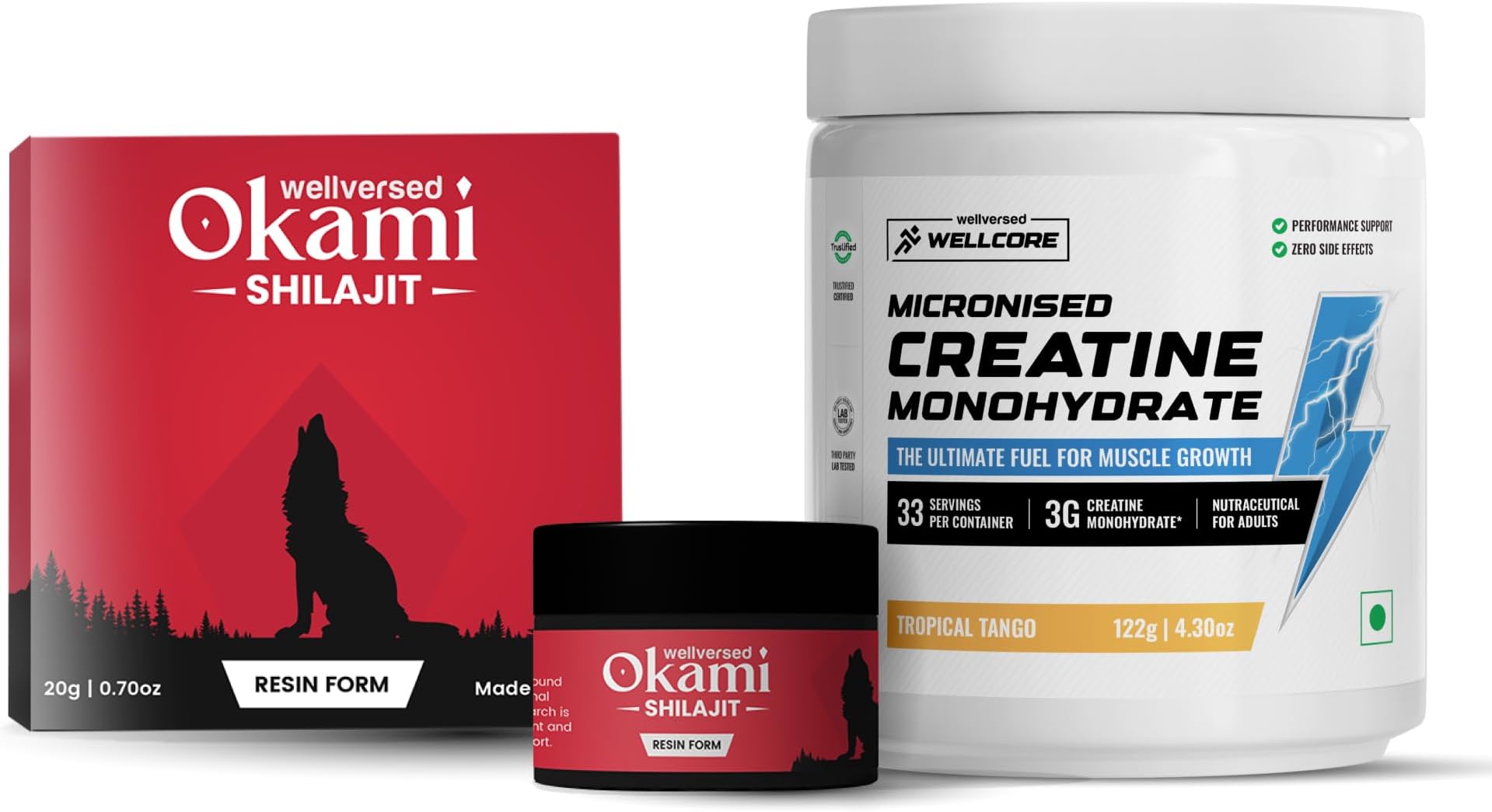 Wellcore Creatine (33 Servings, Tropical Tango) + Okami Shilajit Resin (20g) | Power & Stamina Booster | Lab Tested | For Men & Women