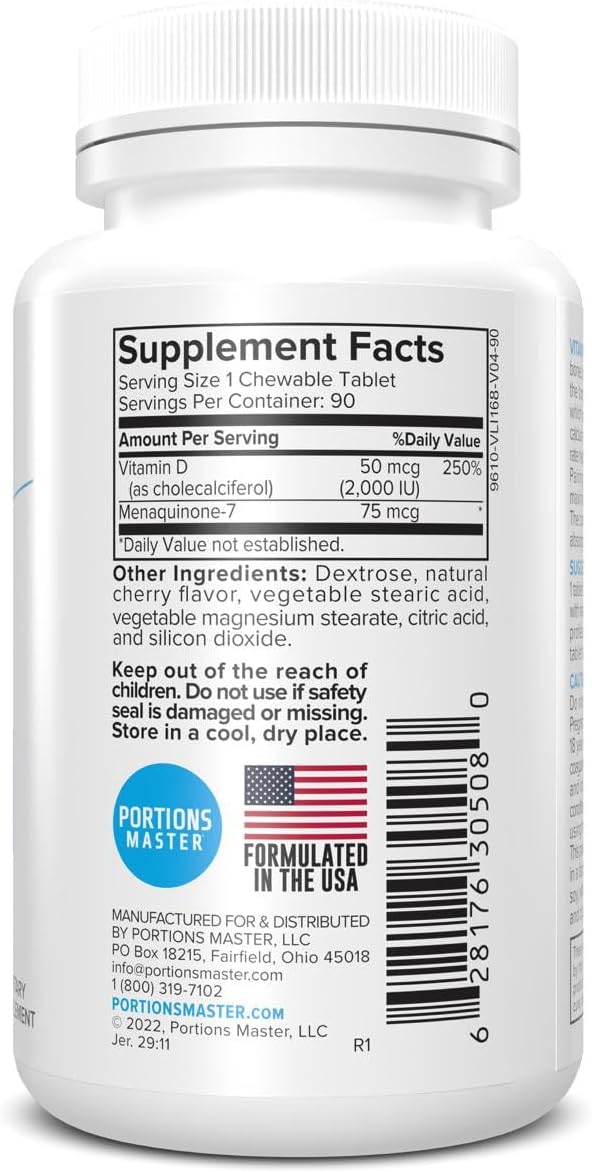 Portions Master Vitamin D3 + K2 Supplement, Bone and Heart Health Support, High Potency D3 5000 IU with Menaquinone MK-7, Non-GMO, Gluten-Free (60 Capsules) - Image 2