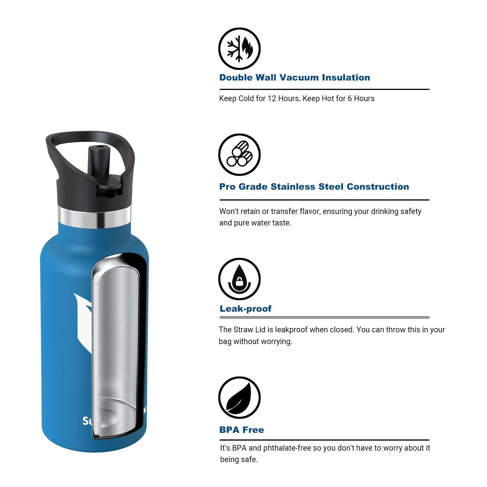 Super Sparrow Borraccia Termica, Acciaio Inox Bottiglia Termica - 350ml, 500ml, 750ml, 1L - Senza BPA Borracce, Borraccia Bambini per Scuola, Sport, Campeggio, Yoga, Palestra, Ciclismo