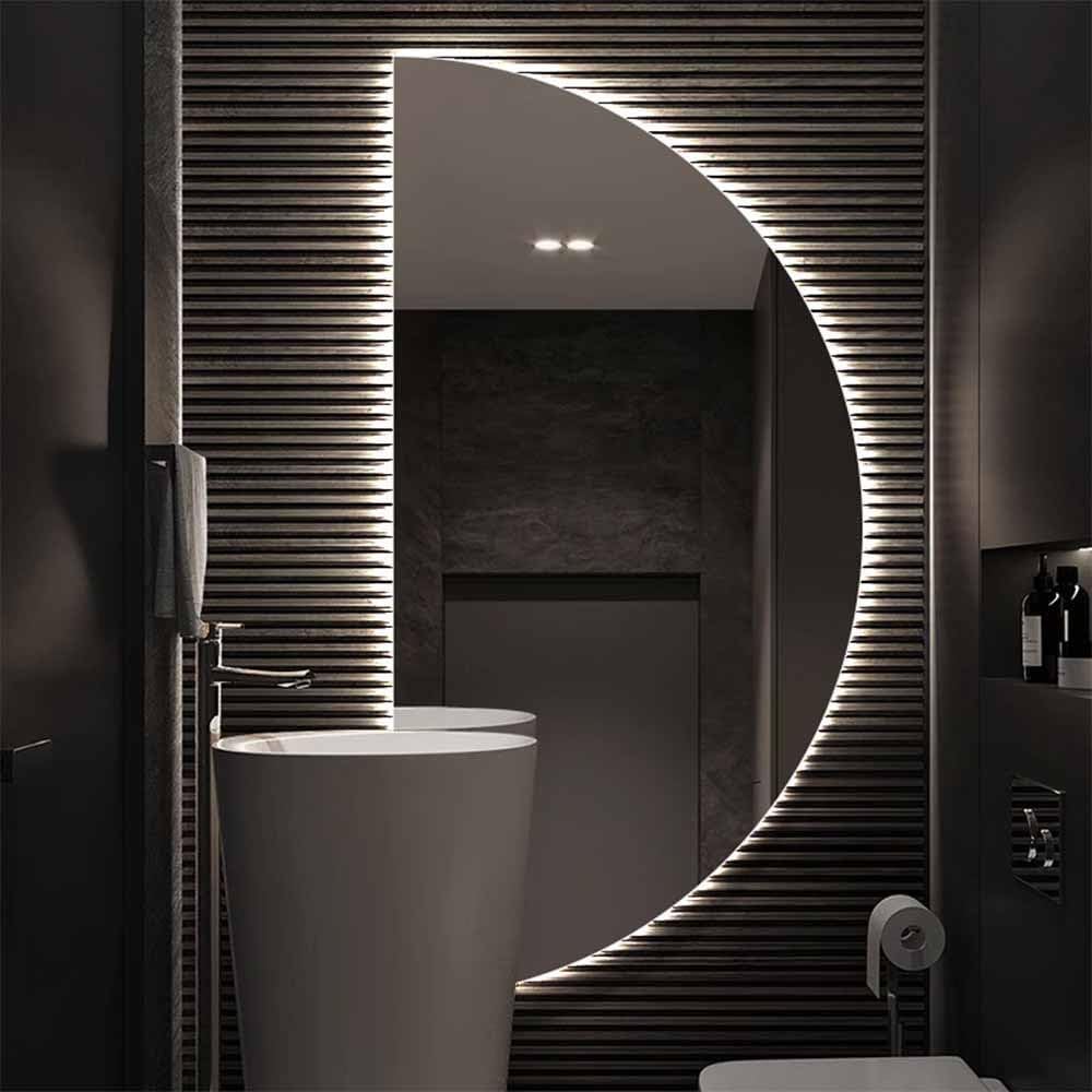 39" Yar m Daire LED Banyo Makyaj Duvar Aynas , 3 Renkli K s labilir Arkadan Ayd nlatmal  Tam Boy 47" Ay  eklinde Dokunmatik Anahtarl  K r lmaz Ev Dekorasyonu Sa  yar m