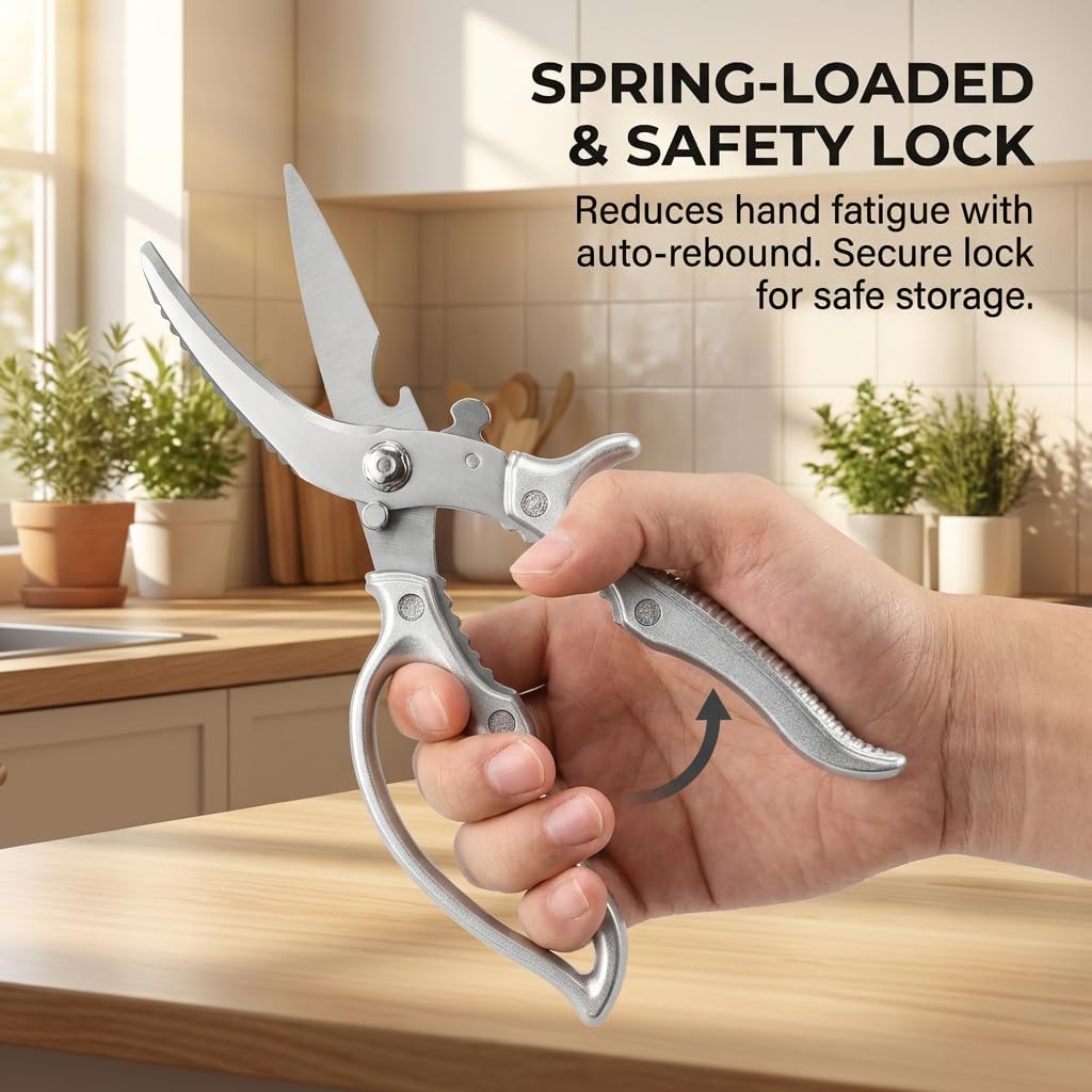 News Stainless steel Bone Cut Kitchen Scissors, Non-Slip Handle & Safety Lock, All Purpose Kitchen Shears for Chicken, Meat Cutting, Turkey, Fish, Vegetables, Spring Loaded, Dishwasher Safe (3)