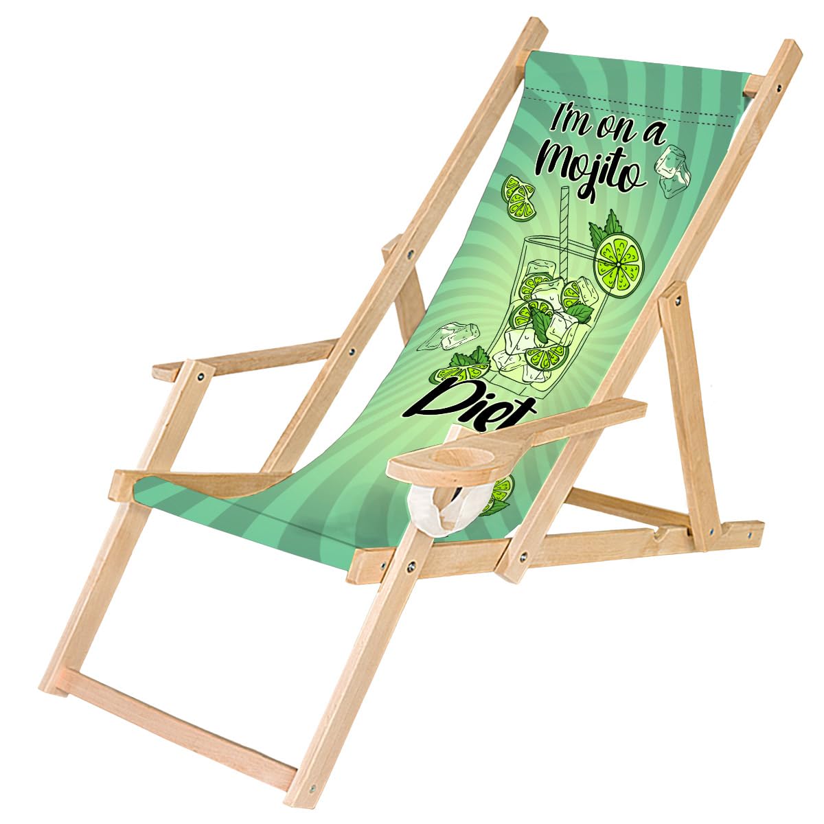 Ferocity Sedia a Sdraio Pieghevole in Legno, con Braccioli e Portabibite Motivo Mojito Diet [119]