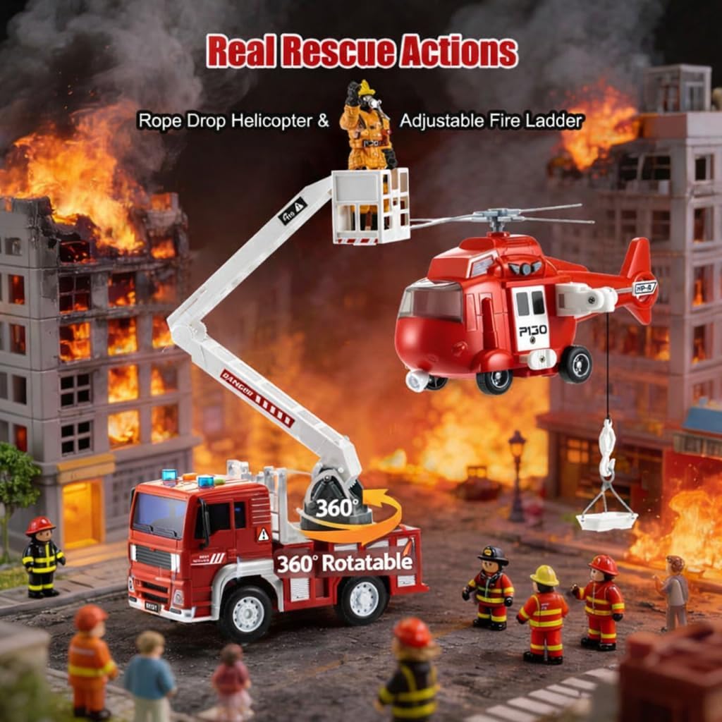 Friction Powered Fire Rescue Toy Set – 1:20 Scale Fire Truck, Helicopter & 2 Firefighter Action Figures with Lights & Sounds – Educational Emergency Vehicle Playset for Kids Ages 3+