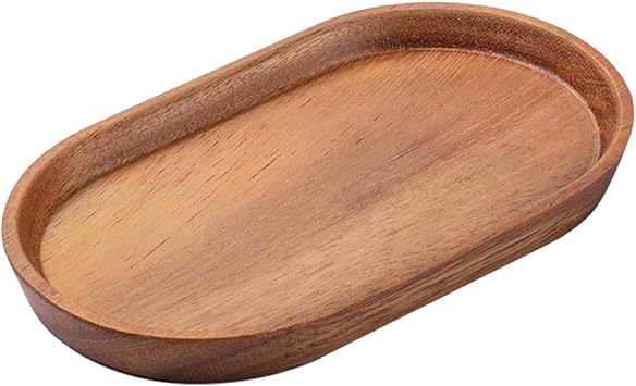Vandroop Wooden Mini Serving Tray for Parties, Tea&Coffee Table Tray, Small Oval Wood Plate for Fruit&Snacks, Decorative Tray for Jewellery Key Coin, Tray for Bathroom Acacia Wood, 7.84.66