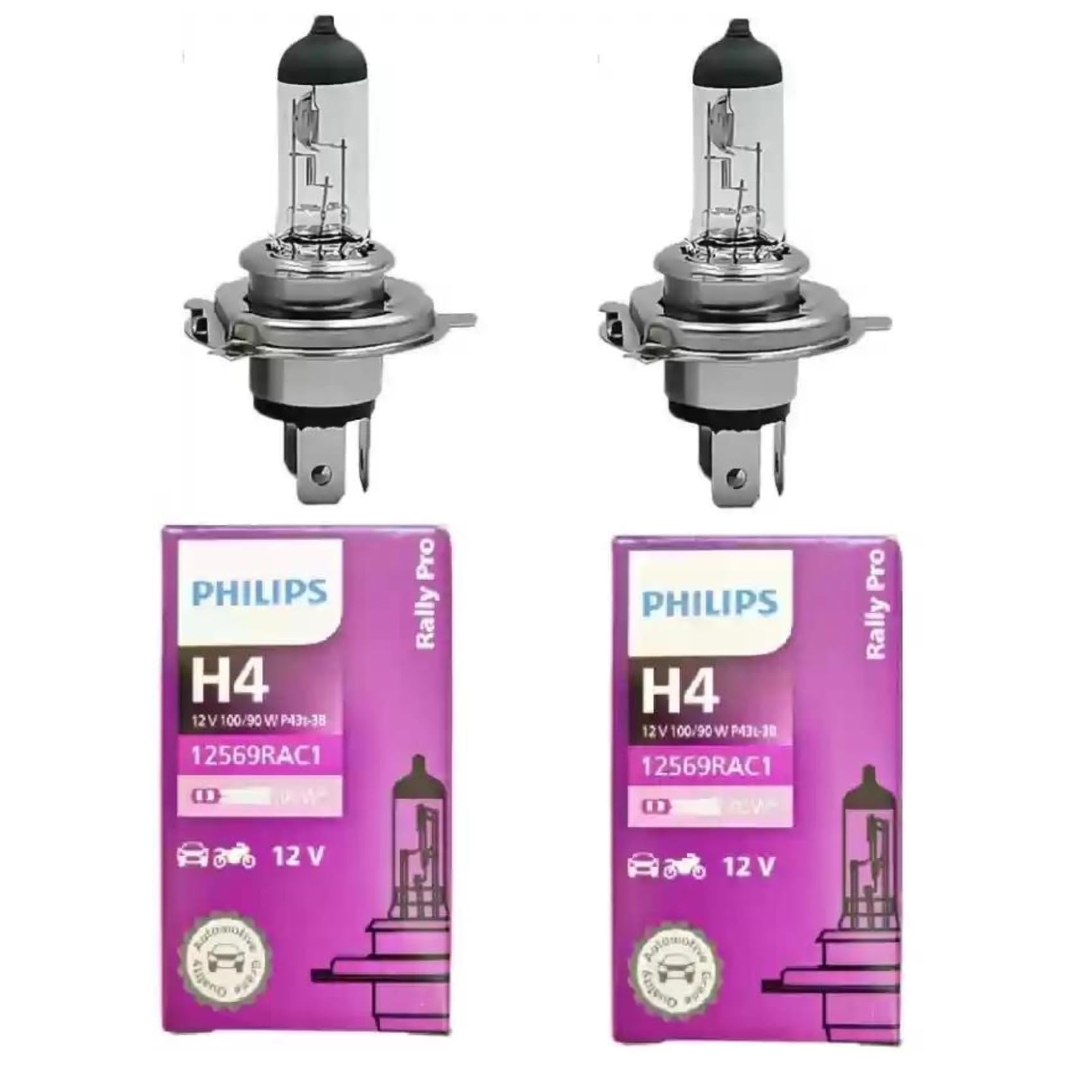 Philips Rally Pro H4 Headlight Bulb Set of 2, P43t 12V 100/90W | High Performance Super Bright and Durable Halogen Light Bulbs for Car