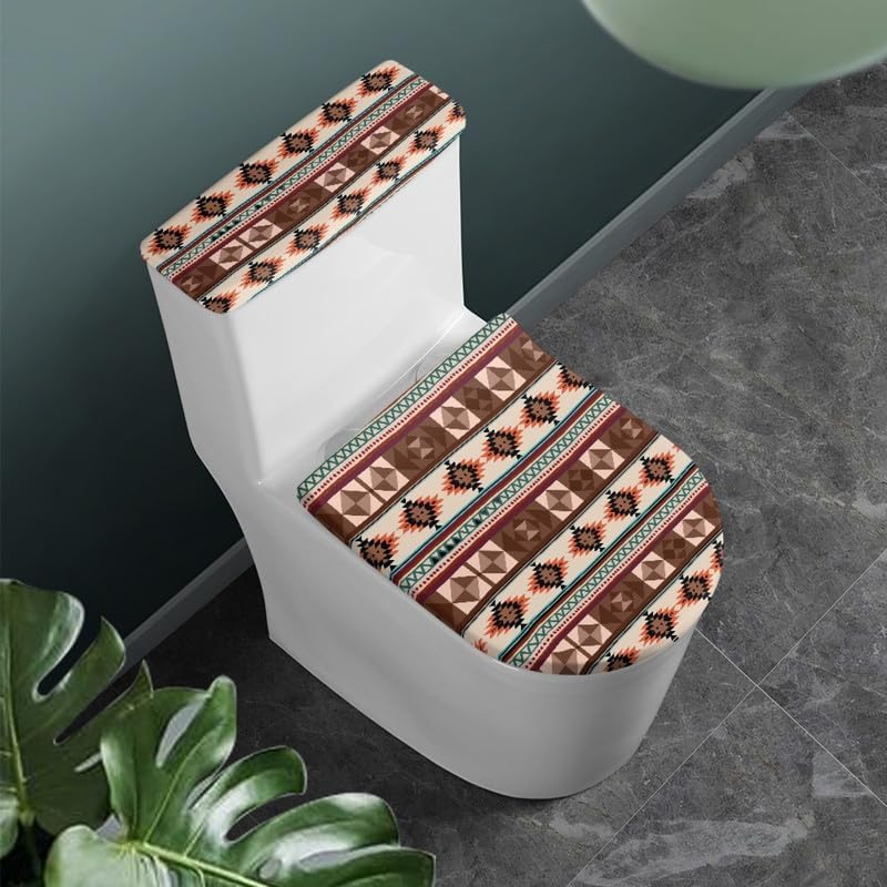Southwest Tribal Toilet Seat Cover 2Pcs Aztec Ethnic Geometry Toilet Seat Cover and Tank Lid Covers Indian Rhombic Square Fits Most Toilet Tanks & Lids
