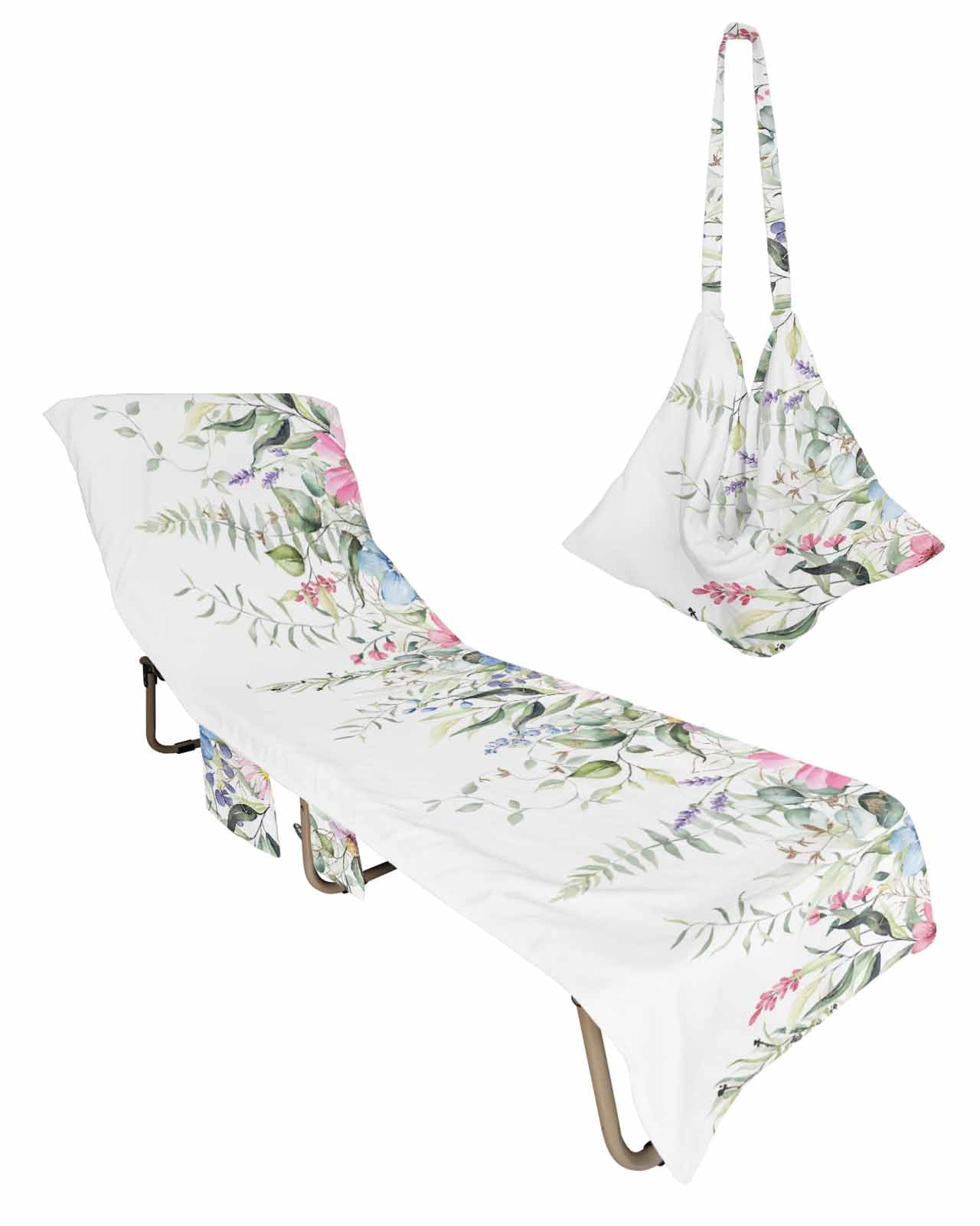 Eucalyptus Beach Chair Towel Covers for Chaise Lounge with Side Pocket, Soft Plush Pool Towels Cover for Patio Sunbathing Outdoor 29''x85'' Spring Botanical Leaves Floral Simple White