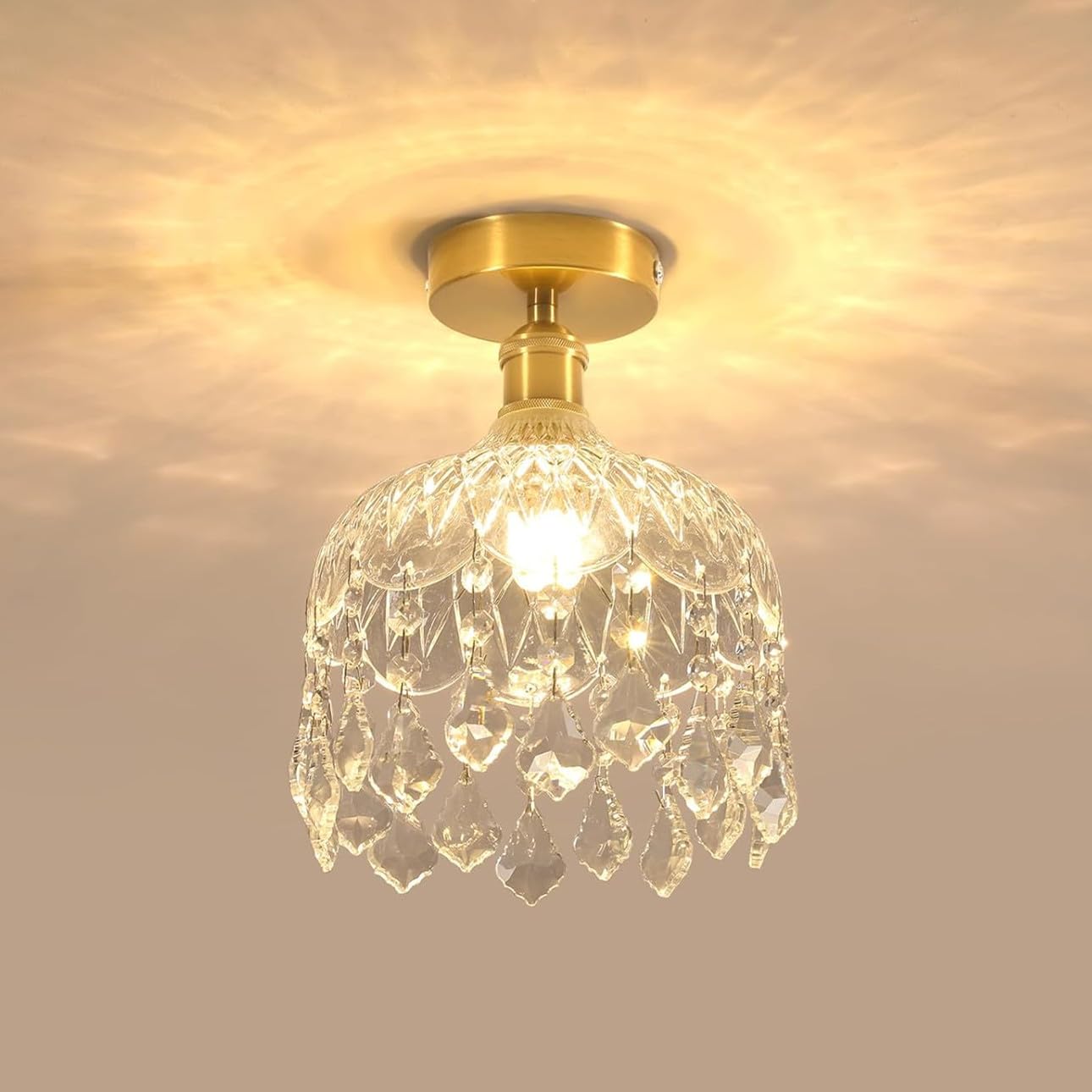 DELIPOP Lustre Plafonnier en Cristal, E14 Moderne Lampe de Plafond Design Cage, Doré Rétro Luminaire Plafonnier pour Chambre Salon Couloir Cuisine Salle à Manger