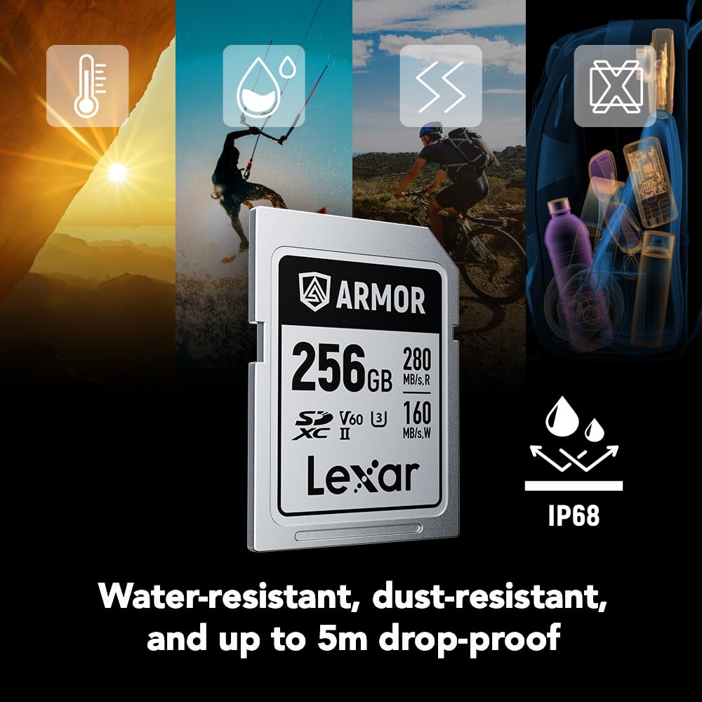 Lexar Armor Silver PRO SDXC - Scheda di memoria da 256 GB, UHS-II, C10, U3, V60, 6K UHD, fino a 280 MB/s in lettura, in acciaio inossidabile, per fotografi professionisti, videografi e appassionati