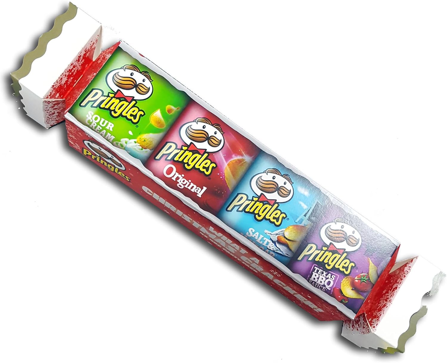 Pringgles Christmas Crackers 2024 Multipack | 4 x 40g Tubs of Crisps Snacks | Table Decoration Crackers with 4 Flavors - Salt & Vinegar, Texas BBQ, Sour Cream & Onion, Original