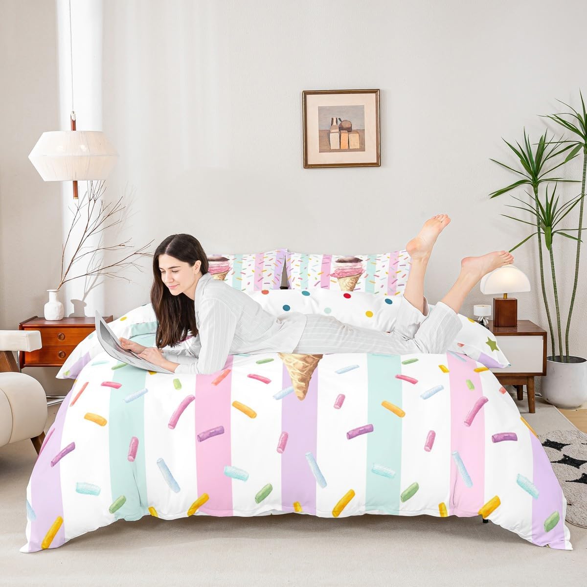 Women Ice Cream Duvet Cover Set Twin Size,2 Pieces Breathable Colorful Stripes Bedding Sets(1 Duvet Cover+1 Pillowcase),Children Rainbow Candy Printed Comforter Cover Set for Girls Kids(No Comforter)