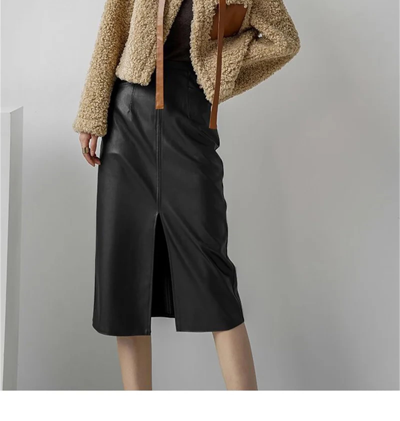 Gonne in pelle PU per le donne a vita alta autunno dritto elegante Split Midi gonne