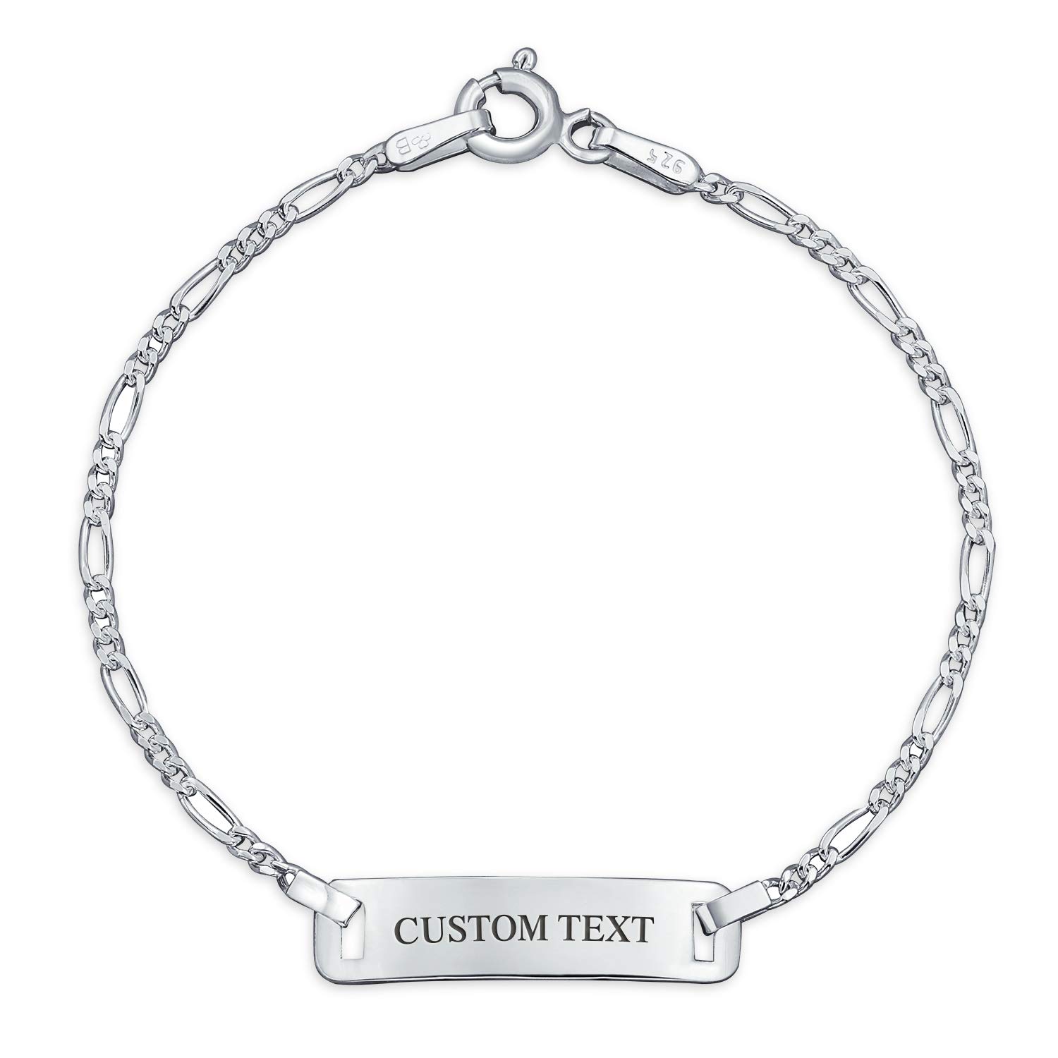 Slender Name Plate ID Bracelet Figaro Chain 925 Sterling Silver Small Wrist