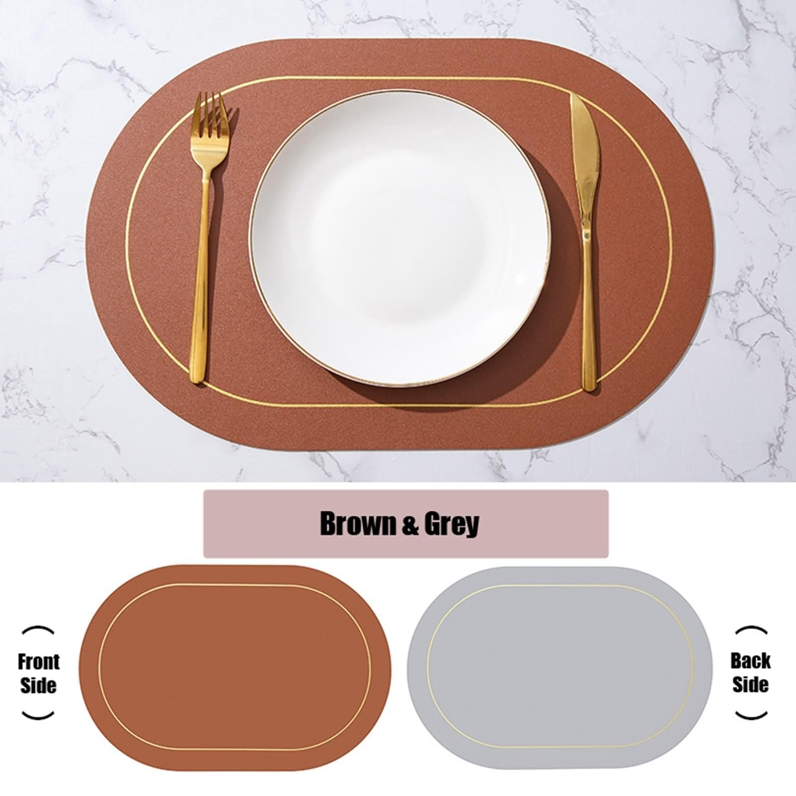 Set di 6 Tovaglietta Macchina Caffe, Tovagliette x Colazione Pelle 30x45cm Reversibile Bicolore Tinta Unita Marrone Grigio