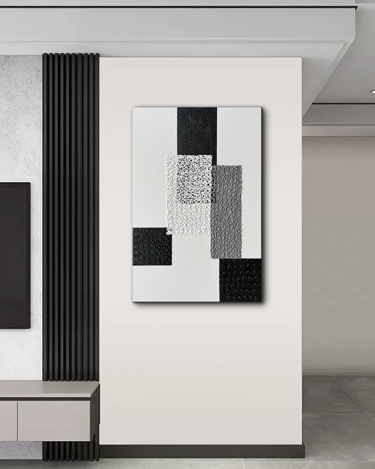 Creespi Black White and Gray Textured Wall Art 24x36 inch,Modern Hand Painted Minimalist Abstract Oil Painting on Canvas for Home Decor