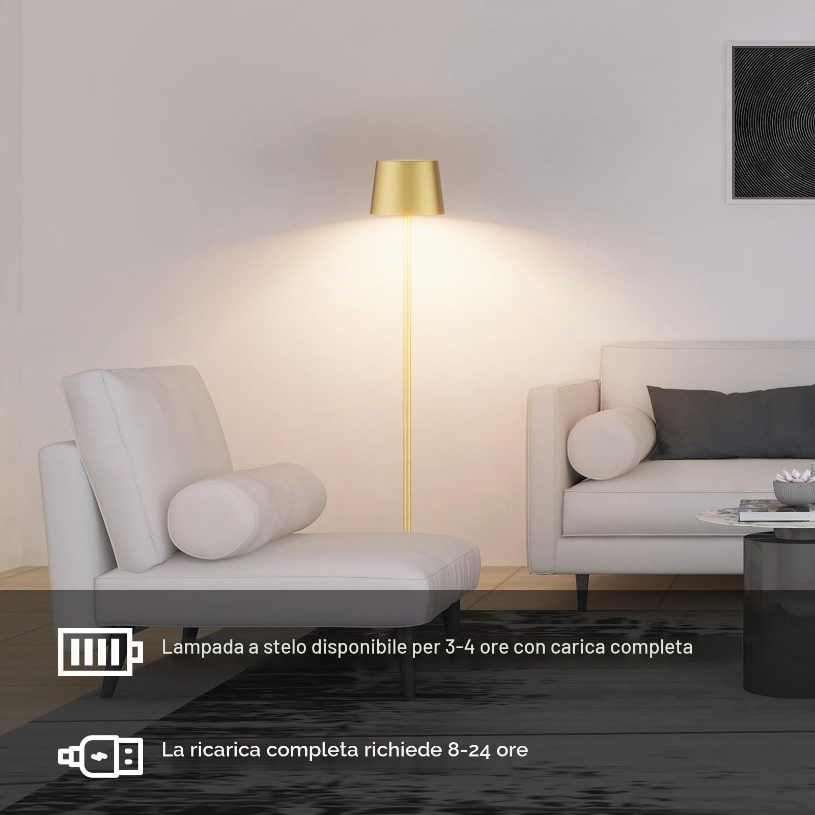 K-Bright Lampada da terra a LED, 4 W, dimmabile, con controllo touch, in metallo e alluminio, adatta per soggiorno, camera da letto, ufficio, illuminazione aggiuntiva (oro)
