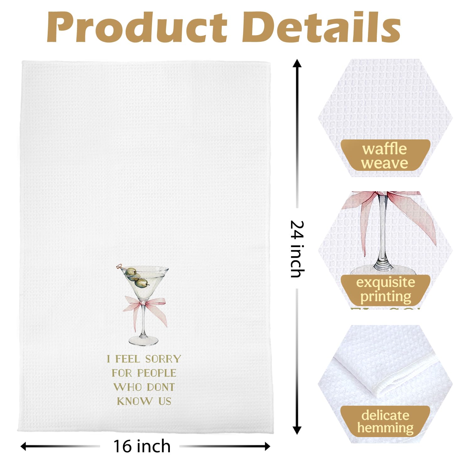 Dirty Martini Kitchen Towels - Cocktail Lovers Gifts Dish Towels for Kitchen Decor, Coquette Pink Bow Martini Decorative Waffle Hand Tea Towel, 16x24 Inches