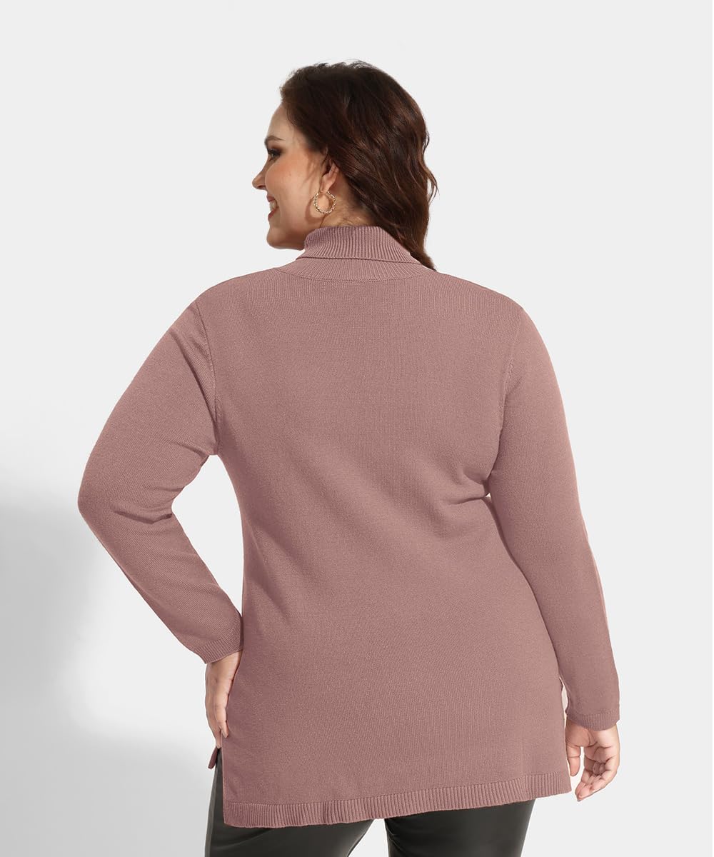 CARCOS Plus Size Sweaters for Women Solid Turtleneck Sweater Long Sleeve Pullover Tops Casual Split Hem Knit Shirts - Image 3