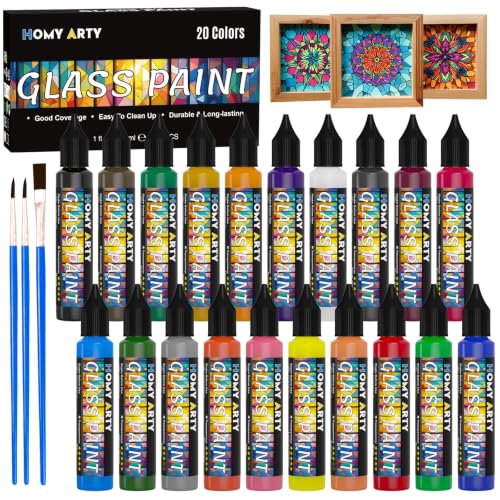 HOMY ARTY Peinture sur Verre 20 x 30ml avec 3 Pinceaux, Peinture Vitrail Imperméable Transparente,...