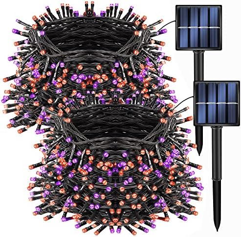 Dazzle Bright 2 Pack 200 LED 66 FT Halloween Solar String Outdoor Lights, Solar Powered with 8 Modes Waterproof Halloween Lights for Bedroom Patio Garden Tree Party Yard Decoration (Purple & Orange)