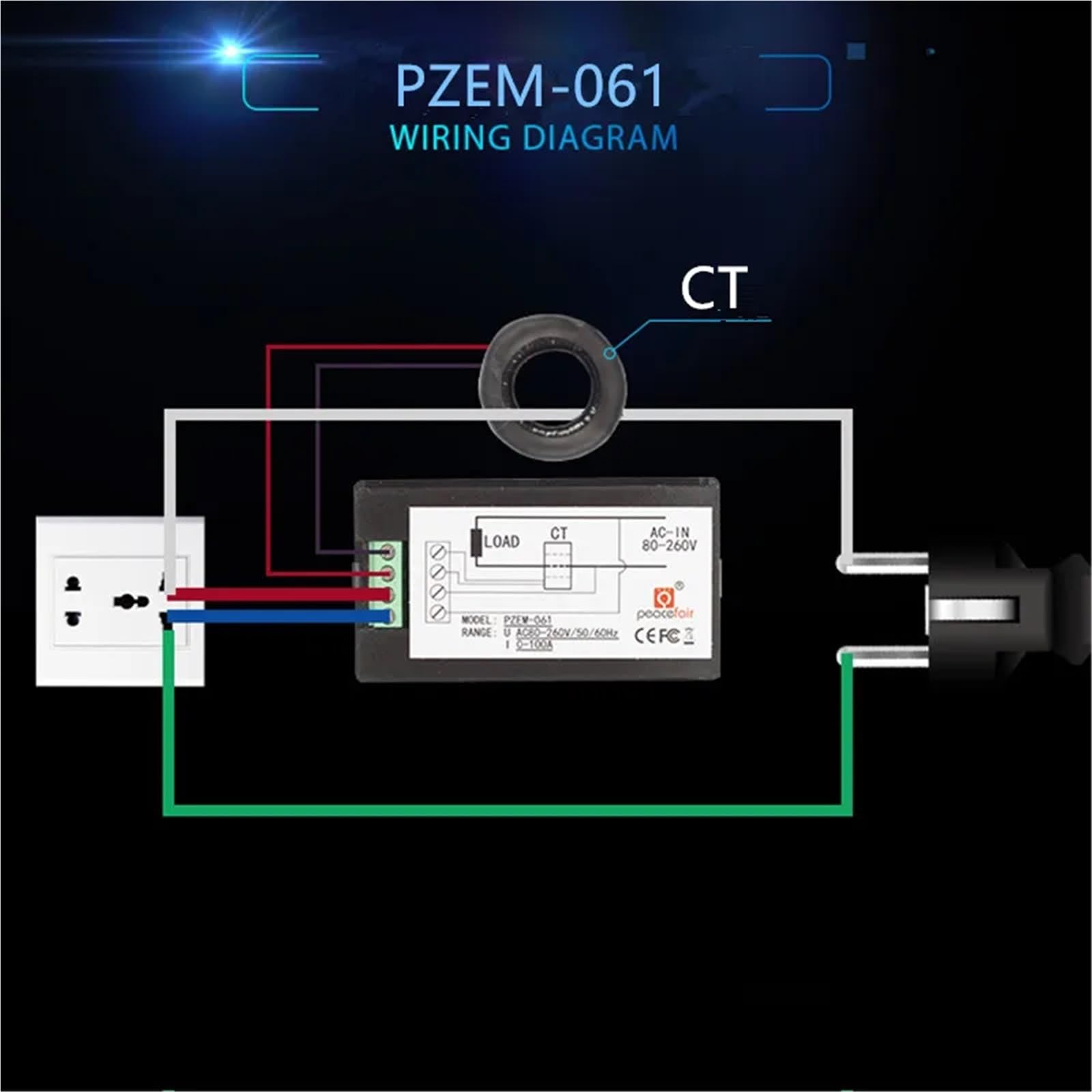 Multimetro digitale AC 80~260V 100A con LED, monitor di potenza, voltmetro, amperometro, watt, tensione, contatore elettrico domestico PZEM-061(PZEM-061 Turn Off)