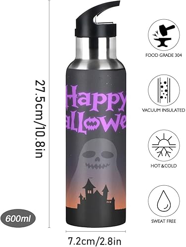 Miniatura 9 de Happy Halloween ghosts Black Leak Proof Metal Water Bottle with Straw Double Wall Vacuum Insulated Bottles for Sports, Travel, and School 20 OZ