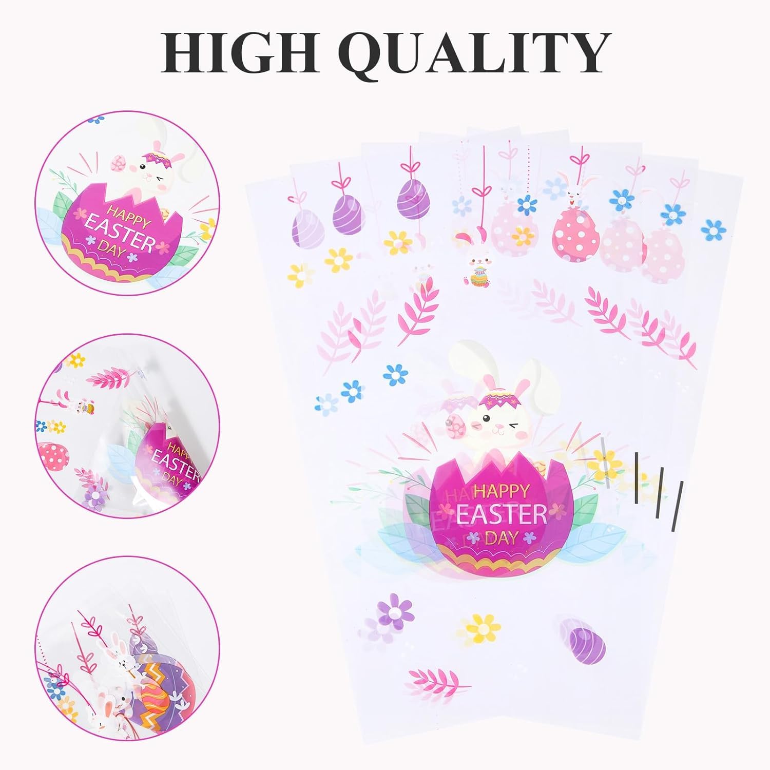 50 Pièces Sachets Pâques Bonbons Transparents - Sacs Cellophane Lapins, Œufs Et Poussins Avec Attaches Dorées